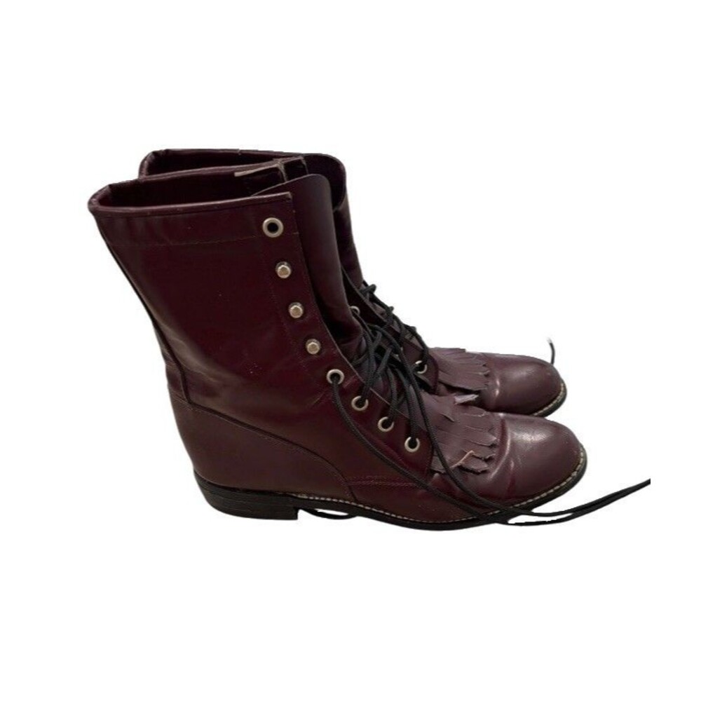 Vintage 1990s Justin Red Leather Lace Up Kiltie Roper Boots 6.5B Women Western